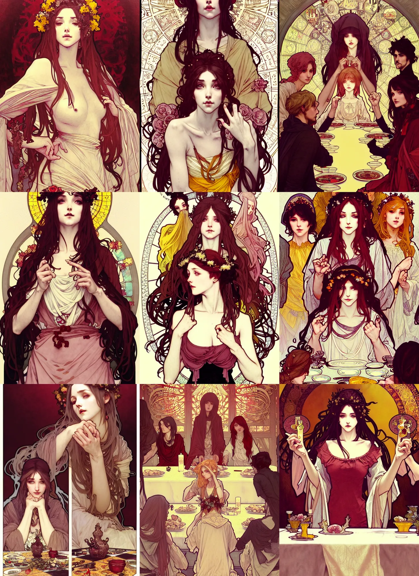 Prompt: highly detailed full body ilustration of mary madalyn at the last supper, by krenz cushart, by artem demura, by alphonse mucha, by kaethe butcher, gradient maroon, black, silver and yellow color scheme, grunge aesthetic!!! (