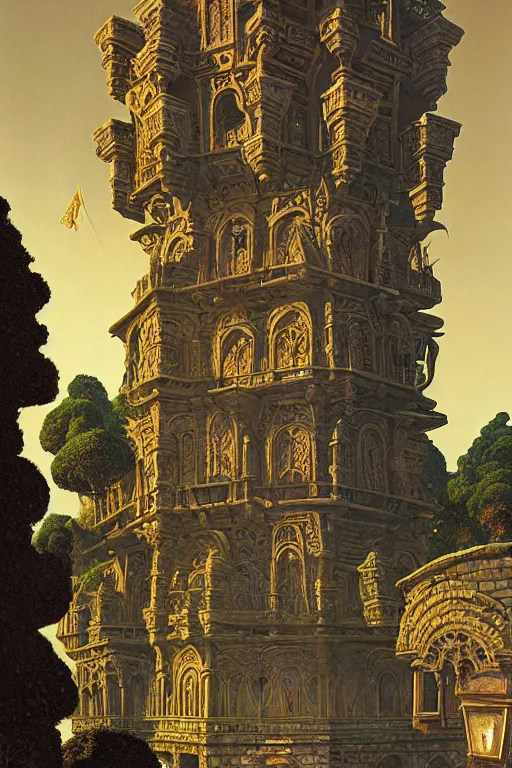 Image similar to ancient carved tower of the moon in its gardens fairytale illustration, elaborate latticed balconies, tall windows, moorish architecture, formal gardens, dramatic cinematic lighting, soft colors, golden age illustrator, unreal engine, by Ludwig Deutsch and Andreas Rocha and (Maxfield Parrish and Nicholas Roerich)