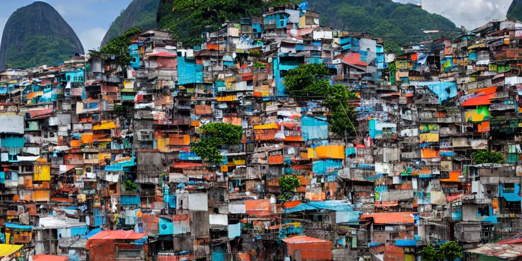 Prompt: photo of rio de janeiro favela being invaded by armed aliens, photorealistic, warm colors, tranquil, peace, happy rocinha