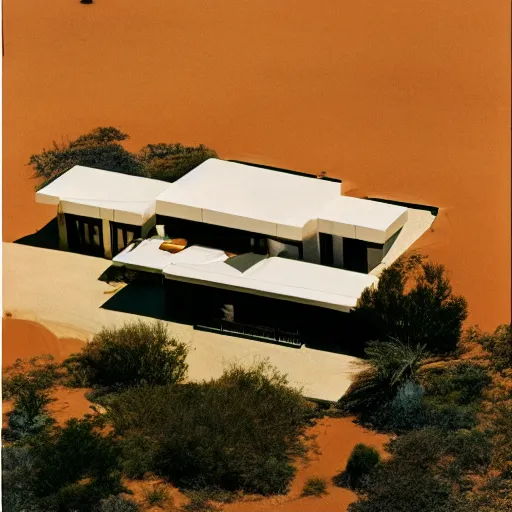 Prompt: A house designed by Miles Van Der Rohe in the middle of the Sahara desert. Aerial View. Film Grain, colorized.