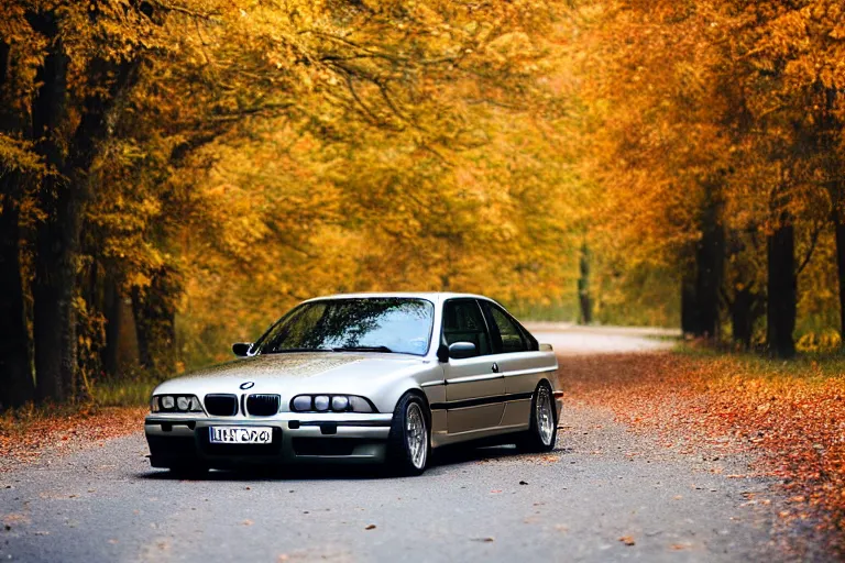 Prompt: A BMW e36 parked in a road with trees, autumn season, Epic photography, taken with a Leica camera, 50 mm, depth of field, bokeh