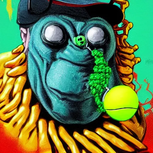 Image similar to a tennis ball monster wearing gold chain necklace, digital art, fantasy, magic, trending on artstation, ultra detailed, professional illustration by Basil Gogos