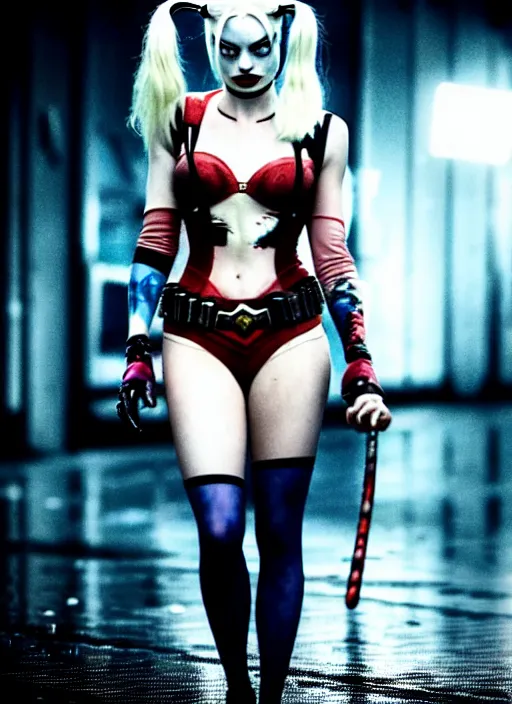 Prompt: 5 0 mm photo of beautiful suicide squad happy margot robbie with long white hair that looks like harley quinn standing on the wet street of dystopian gotham city at night, angry frown, seductive camisole, pinup, glamour fashion pose, watercolor, frank miller, moebius, jim lee, cinematic, ridley scott, lens flare, dramatic lighting, annie leibowitz