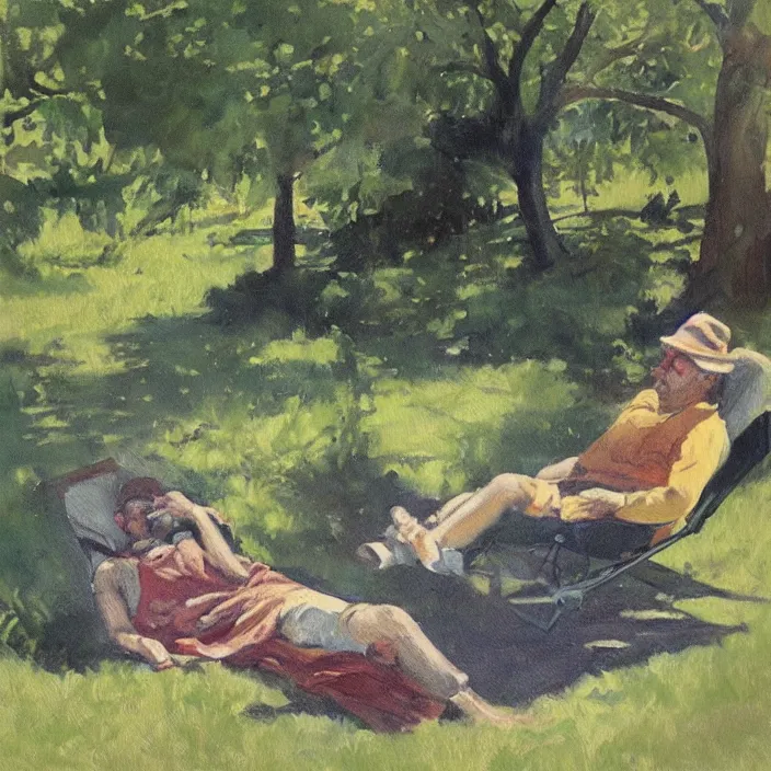 Prompt: lazy entomologist in the shade. painting by bernard emile