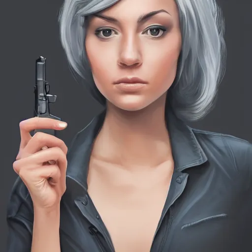 Image similar to a megan wearing a business, she has grey hair and is holding a revolver, digital painting, smooth, hd, realist, artstation, deviantart