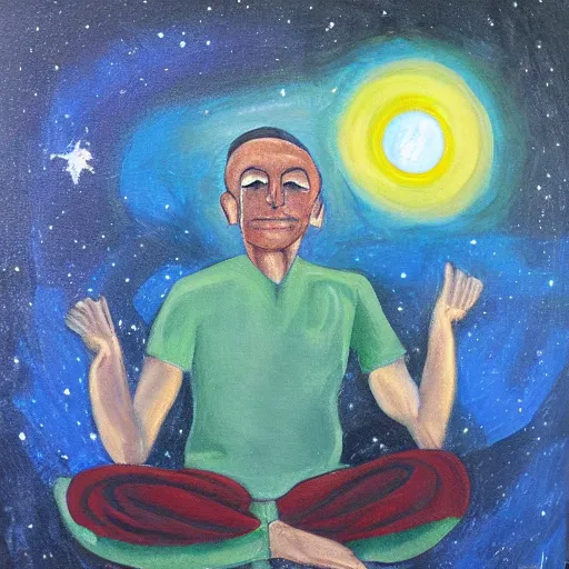 Prompt: painting of a peaceful man relaxing in the cosmos by David Normal, David Normal,