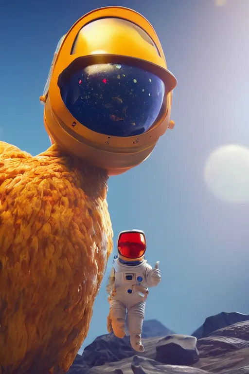 Image similar to a chicken wearing a astronaut suit in a alien planet, profile picture, digital art, concept art, trending on DeviantArt, highly detailed, high quality, 4K, cartoon, high coherence, path traced, blue sky in the background, octane render, digital painting, no helmet, masterpiece