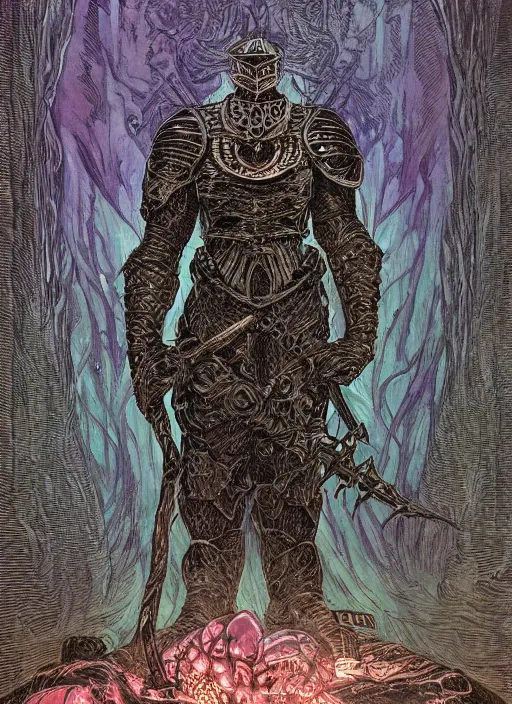 Image similar to emon knight in eldritch armor, blacklight poster on black paper, beautifully symmetrical, high detail render, by bernie wrightson greg rutowsk james jean