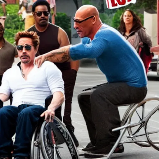 Prompt: robert downey jr. starring in weekend at bernie's. movie poster. comedic. cinematic lighting. robert downey jr. in a wheelchair pushed by dwayne the rock johnson.