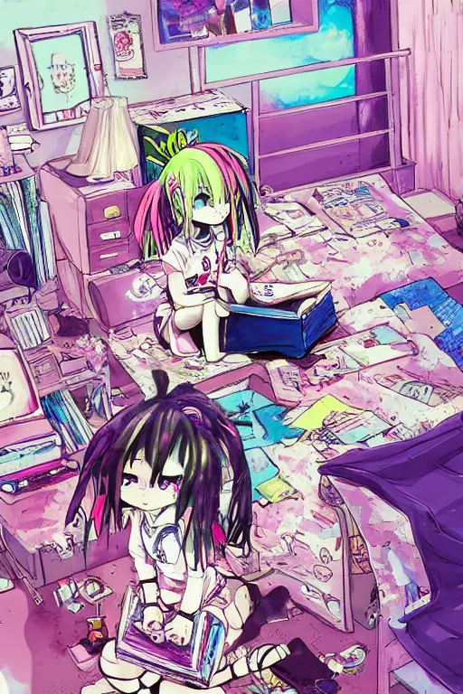 Image similar to concept art painting of a chibi anime cybergoth girl with pink dreads on the floor reading a book in a cluttered 9 0 s bedroom, chibi anime, artgerm, inio asano, toon shading, cel shading, calm, tranquil, vaporwave colors,