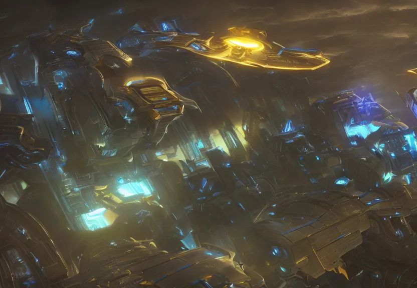 Image similar to protoss spaceship hovering above protoss city beautiful art uhd 4 k, artstation, hdr, 4 k, incredible detail, cinematic lighting, unreal engine 5