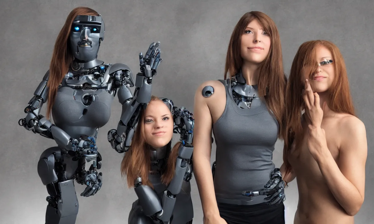 Image similar to full body photo of a woman with human face and robot body, robot body, steel body, human face, cyborg body