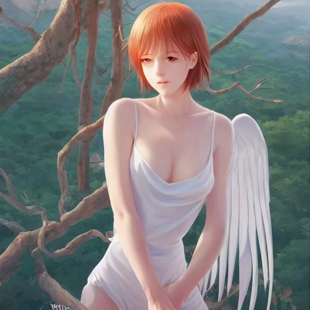 Image similar to infinitely detailed full - body portrait pale female peaceful dream angel wearing elegant clothes. beautiful! scenery art! by wlop & murata range, by ilya kuvshinov. artstation!! / pixiv!!