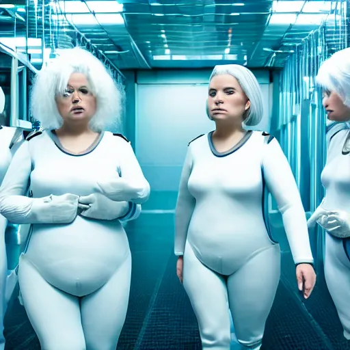 Image similar to formation of determined chubby women with white hair, white hair, tight light blue neopren suits, futuristic production facility, sci - fi, highly detailed, cinematic