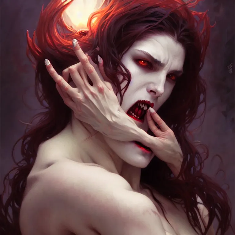 Image similar to vampire demon, painting, good against evil, highly detailed, digital painting, smooth, beautiful angle, weak demon, sharp focus, illusion, ultra - realistic, 8 k, strong and powerful confident angle artgerm, greg rutkowski and alphonse mucha