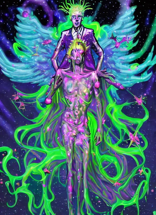 Image similar to a suited zombie angel spirit being, covered with pastel glitter glue slime, fashion model pose, full body maximalist cosmic eldritch character design, early computer graphics by dan mumford, surrounded by stars and jester plushies, realistic light and shadow effects, maximalist background