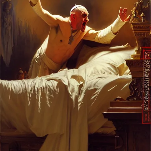 Image similar to the pope is in his bed, nervous and terrified, because a double horned shadow beast from hell is attacking him. highly detailed painting by gaston bussiere, j. c. leyendecker, greg rutkowski, craig mullins 8 k