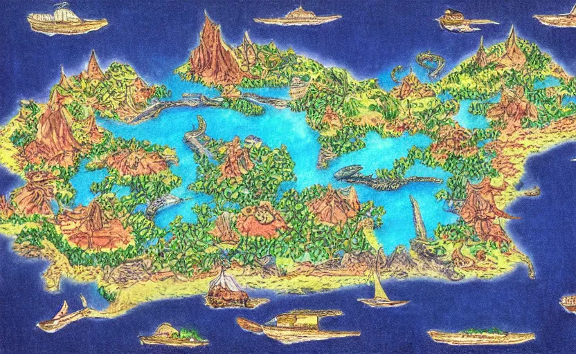 Image similar to fantasy island map, drawn with crayons, detailed