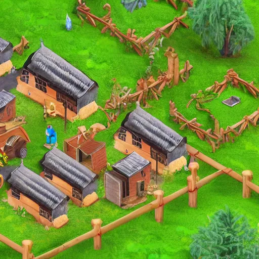 Prompt: an isometric render of a village, farm game, medieval, forest