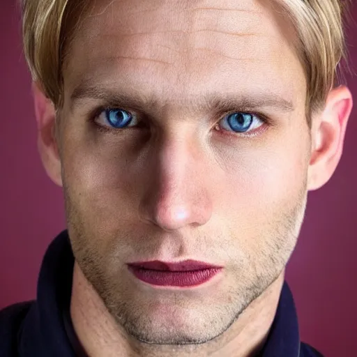 Image similar to full face color photograph of a 35 year old very handsome white man with very short light blond hair and small blue eyes, dressed in a maroon t shirt and black jeans, with very thin lips, with a straight nose and pale skin. He has masculine but gentle features.