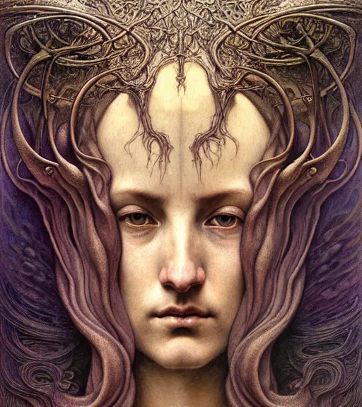 Prompt: detailed realistic beautiful young medieval alien face portrait by jean delville, gustave dore and marco mazzoni, art nouveau, symbolist, visionary, gothic, pre - raphaelite. horizontal symmetry by zdzisław beksinski, iris van herpen, raymond swanland and alphonse mucha. highly detailed, hyper - real, beautiful