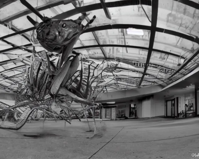 Prompt: camera footage of a giant Mantis in an abandoned shopping mall, high exposure, dark, monochrome, camera, grainy, CCTV, security camera footage, timestamp, zoomed in, fish-eye lense, Preying Mantis,