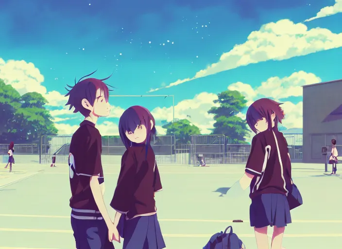 Image similar to a cute high school using skateboard, sunny sky background, stadium landscape, illustration, concept art, anime key visual, trending pixiv fanbox, by wlop and greg rutkowski and makoto shinkai and studio ghibli and kyoto animation, symmetrical facial features, urban clothing, piercings, backlit