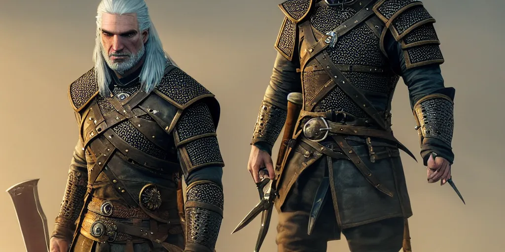 Image similar to geralt of rivia new costume concept design with metal sholders and ornaments on the armor, witcher wild hunt, fashion, colors with gold and dark blue, concept art, by artgerm, greg rutkowski, cinematic light, featured on artstation, octane render, sharp focus, ray tracing, artstationhq, cgsociety, 8 k.