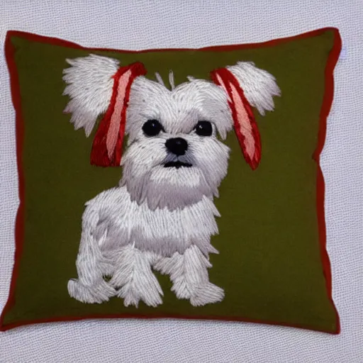 Image similar to maltese terrier embroidered on pillow, photo, realistic