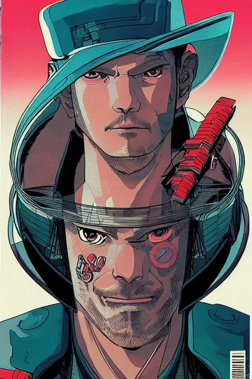 Image similar to 1 9 7 9 omni magazine cover of neo in a samurai hat. piercing gaze. simple stylized cyberpunk photo by josan gonzalez.