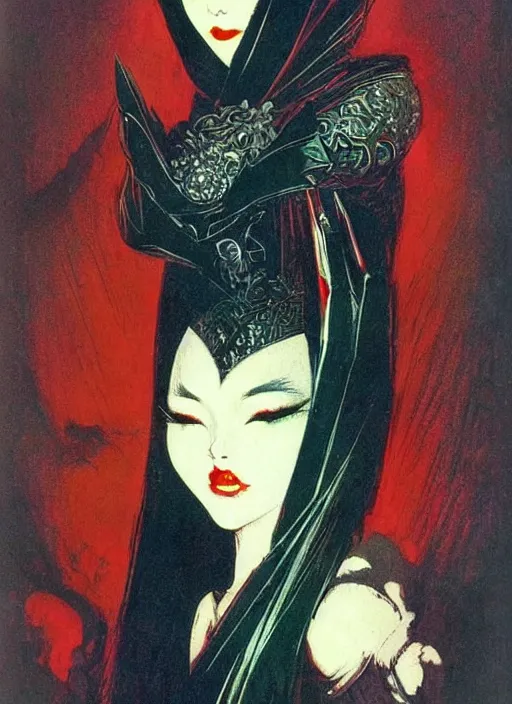 Prompt: svelt iranian korean vampiress, jeweled veil, strong line, saturated color, beautiful! coherent! by frank frazetta, high contrast, minimalism