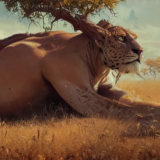 Prompt: manticor resting in the savanna, oil painting, by Greg Rutkowski