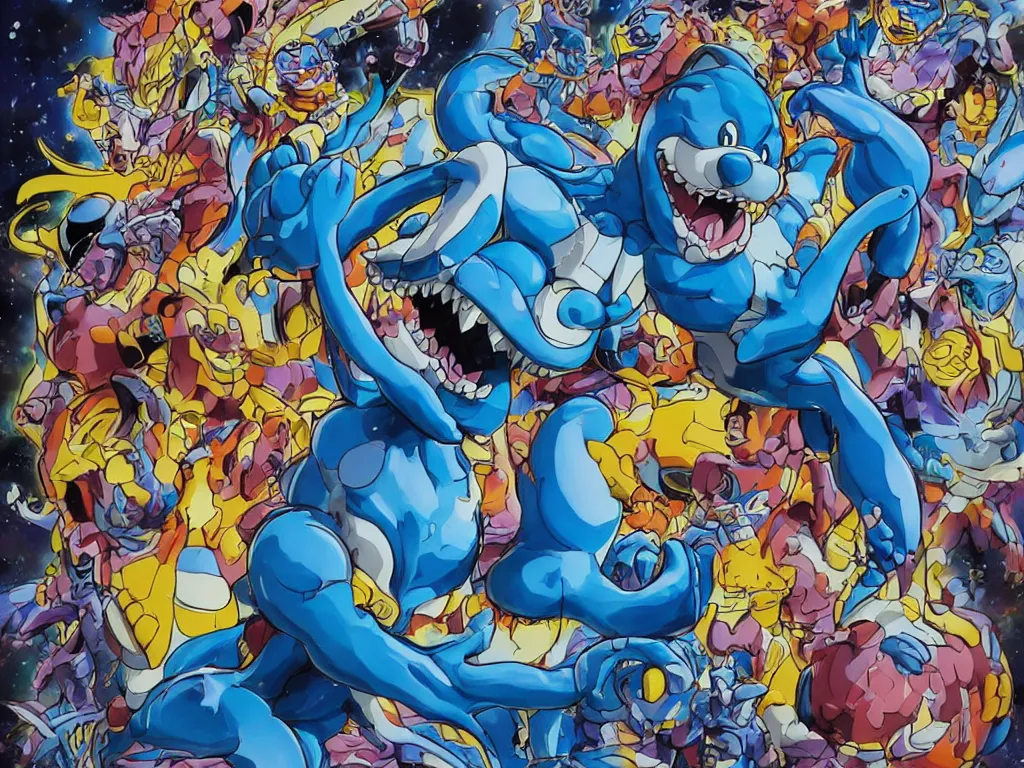 Image similar to Jeff Koons Doraemon Dorami Street Sharks Venom Galaxy Rangers Fractal Dragon statue, in the style of Hajime Sorayama, Max Fleischer, Boris Vallejo, Syd Mead