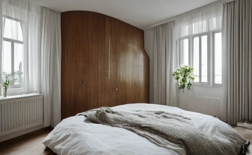 Image similar to art deco elegant bedroom interior, white, beige, slate, bed, walnut wood, bright, retro chic, minimalistic, swedish design, cupboards, giant windows with a view on green lush trees, sunset