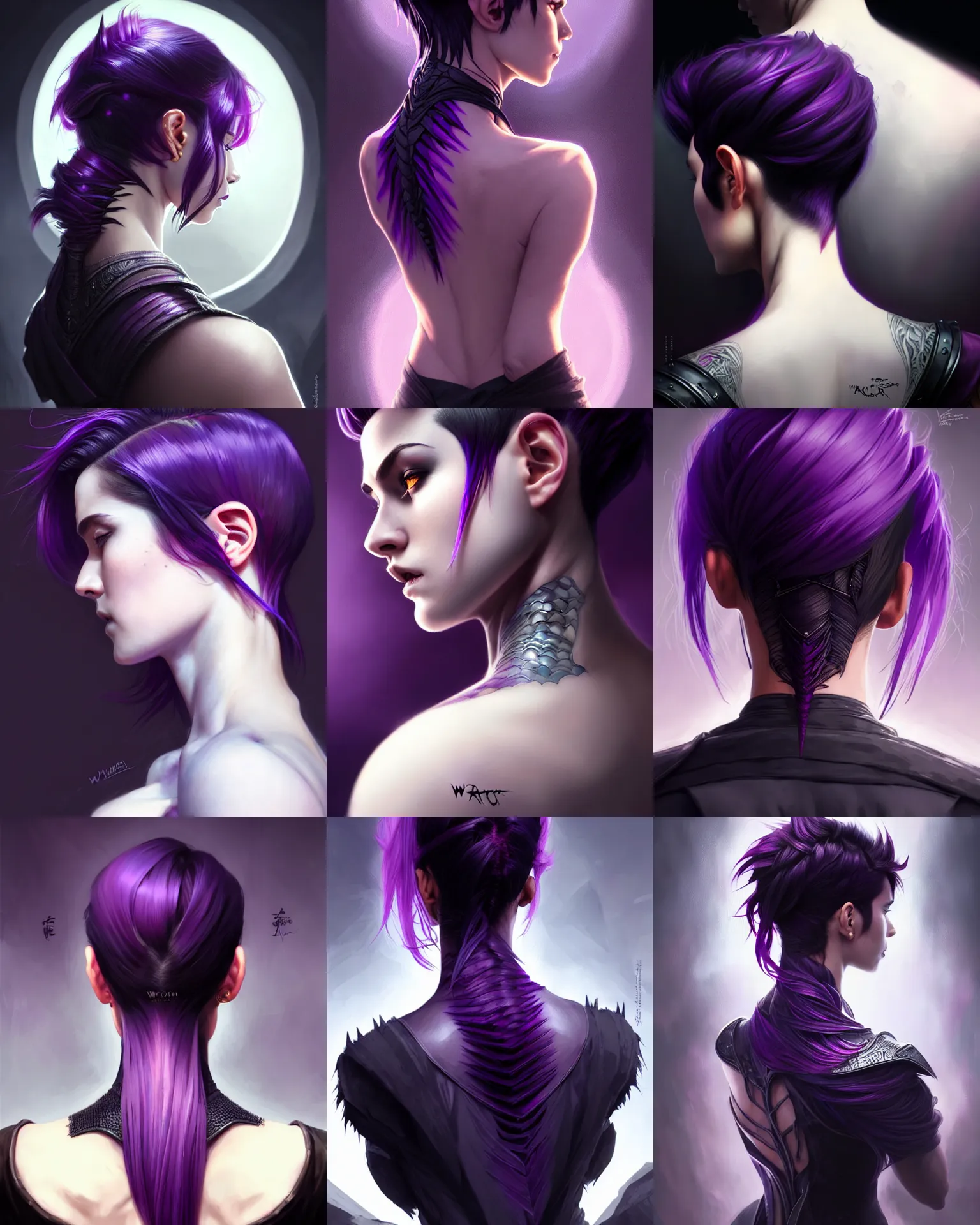 Prompt: back portrait rugged girl, dark supervillain, dragon scales, fantasy magic, undercut hairstyle, short purple black fade hair, dark light night, intricate, elegant, sharp focus, illustration, highly detailed, digital painting, concept art, matte, art by WLOP and Artgerm and Greg Rutkowski and Alphonse Mucha, masterpiece