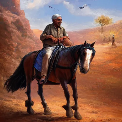 Prompt: elderly kurdish man riding a horse in a kurdish village, art by noah bradley, award winning art, extremely detailed, 8 k, high resolution