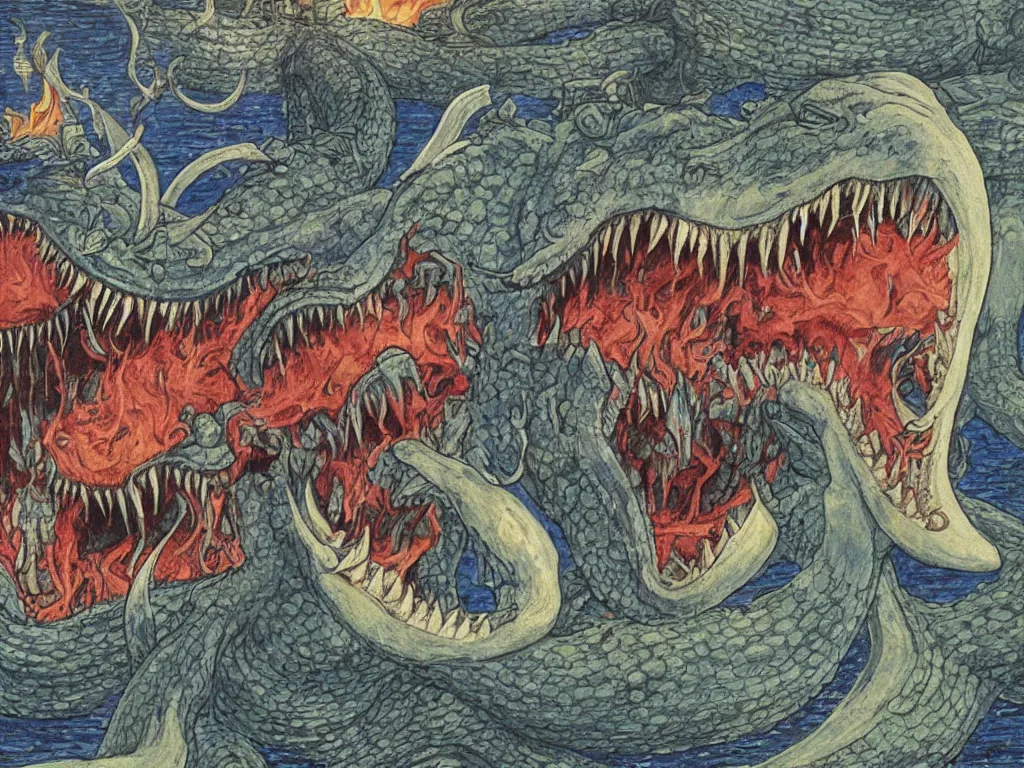 Image similar to close up of the giant open mouth of leviathan devil demon, with row of teeth, flames, snakes, people inside. painting by limbourg brothers, walton ford