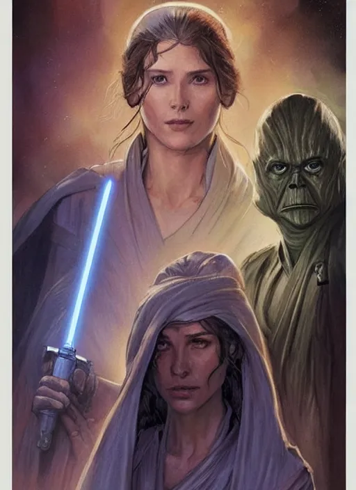 Prompt: concept art of a beautiful woman by iain mccaig and magali villeneuve, jedi master, highly detailed. star wars expanded universe, she is about 2 0 years old, wearing jedi robes.