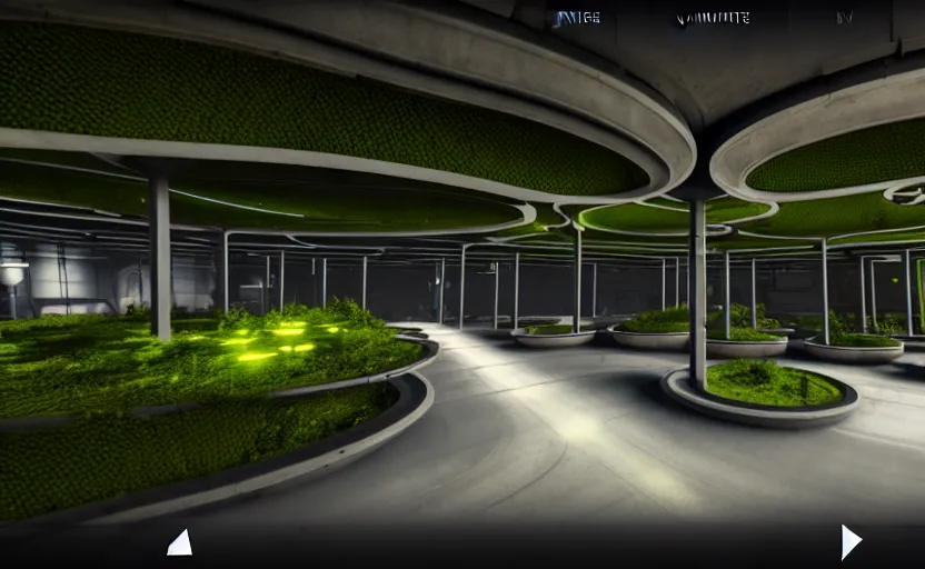 Prompt: in-game screenshot of a group of hazmat scientists on unreal engine 5, in a liminal underground garden, photorealistic, retrofuturism, brutalism, staggered terraces, minimalist, soft vintage glow