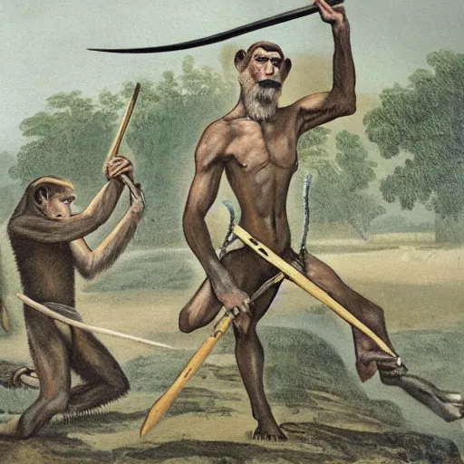 Prompt: Monkey tribesman spears a human