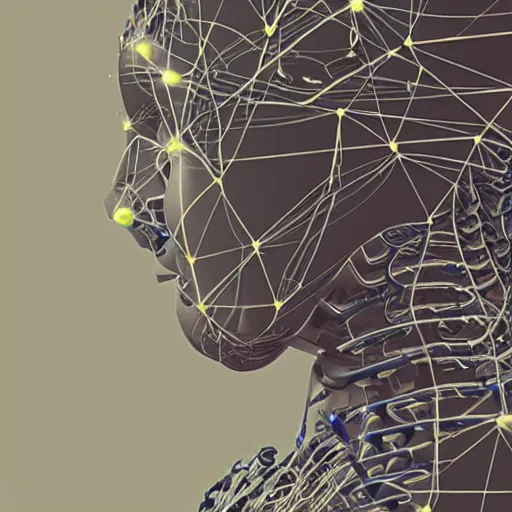 Prompt: artificial intelligence as a cyborg, neural network, synapsis,