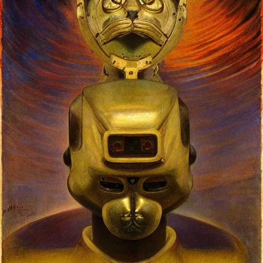 Image similar to masterpiece painting of a mechanical robot cat head, by annie swynnerton and diego rivera and nicholas roerich and jean delville, symbolist, dramatic lighting, god rays, elaborate geometric ornament, art brut, rich colors, smooth, sharp focus, extremely detailed, adolf wolfli and ( donato giancola )
