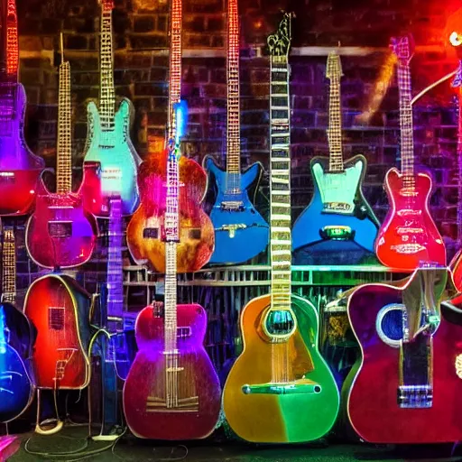 Prompt: 8k photo of a giant Wall of guitars. Detailed, neon lights, nikon