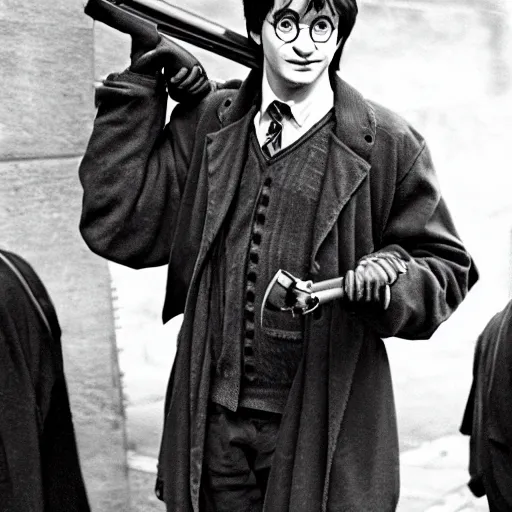 Image similar to harry potter robbing a bank, holding rifle in style of gra v