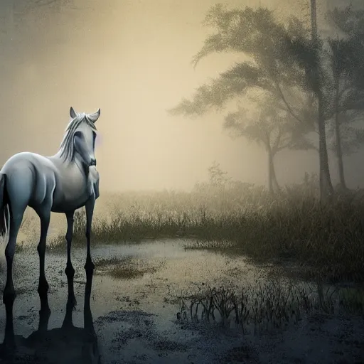 Image similar to resin painting, white horse stuck neck deep in the mud of the swamp of sadness. Swampy, detailed painting, dark, volumetric lighting, crepuscule, octane render