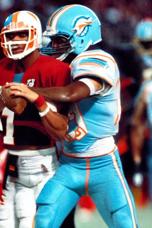 Image similar to The Rock playing quarterback for the Miami Dolphins