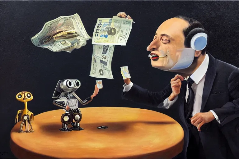 Prompt: Salvador Dali, WALL-E and Elon Musk counting money and holding keys, oil on canvas, artstation, portrait, masterpiece, aesthetic