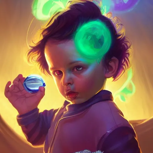 Prompt: a stylized portrait of a powerful baby with wavy brown hair and green eyes as an angry scientist, stylized, arcane magic, blue and purple vapor, neon color, vivid color, lens flare, volumetric light from below, background by justin gerard, hyperdetailed concept art by Ross Tran and Greg Rutkowski, high quality DnD illustration, trending on ArtStationHQ, 8k