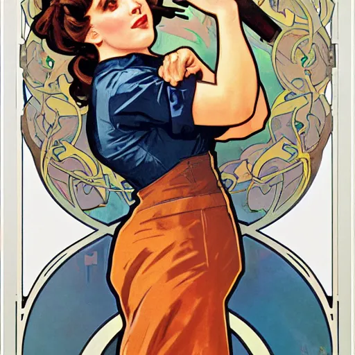 Image similar to a portrait of Rosie the riveter by Alphonse Mucha, art nouveau card, concept art, wlop, trending on artstation, 8k