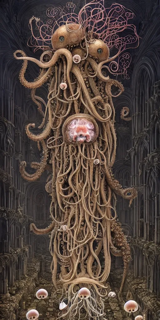 Prompt: group of mankind mages with octopus heads a lot of jellyfish floating around inside an ancient mage castle hall colossal scale, gothic and baroque, brutalist architecture, ultradetailed, Intricate by Ellen Jewett and Josan Gonzalez and Giuseppe Arcimboldo